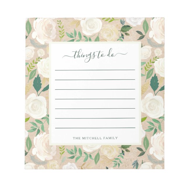 Trendy Rustic White Floral on Kraft | Things to Do Notepad (Front)