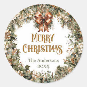 Trendy sage green and faux gold white poinsettia classic round sticker