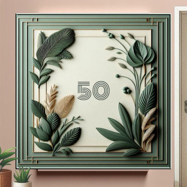 Trendy Sage Green Art Deco Leaves Botanical Number Tile (Trendy Sage Green Art Deco Leaves Botanical Number Ceramic Tile)
