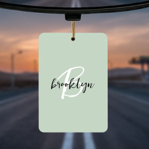 Trendy Sage Green Black White Script Monogram  Air Freshener