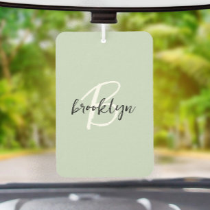 Trendy Sage Green Black White Script Monogram Air Freshener