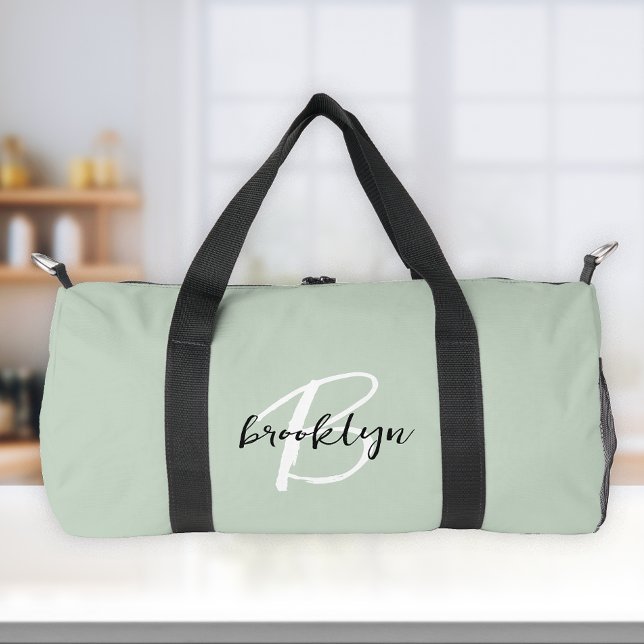 Trendy Sage Green Black White Script Monogram  Duffle Bag (Creator Uploaded)