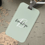Trendy Sage Green Black White Script Monogram  Luggage Tag<br><div class="desc">This elegant personalized luggage tag feature a monogram and first name in modern black and white script on a trendy sage green background.</div>