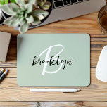 Trendy Sage Green Black White Script Monogram  Mouse Pad<br><div class="desc">This elegant personalized mouse pad features a monogram and first name in modern black and white script on a trendy sage green background.</div>