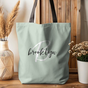Trendy Sage Green Black White Script Monogram  Tote Bag