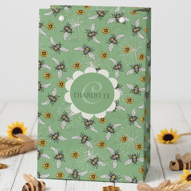 Trendy Sage Green Buzzing Honeybee for Summer Small Gift Bag (Autumn Floral Bee Gift Bags. Botanical Green Honeybees, Flowers Pattern & Monogram in Green for Her)