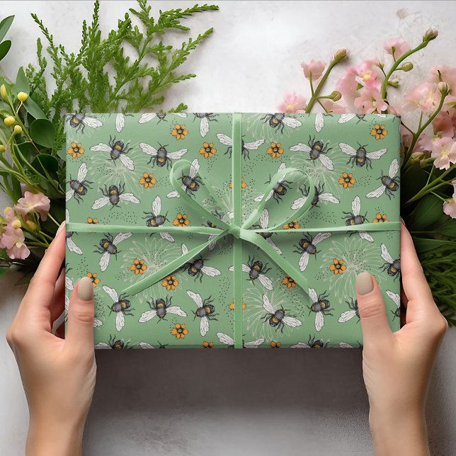 Trendy Sage Green Buzzing Honeybee for Summer Wrapping Paper (Sage Green Honeybees buzzing around Yellow Cosmos and Daisy flowers, perfect for Nature Lovers!)