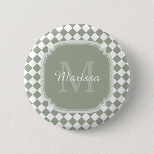 Trendy Sage Green Checked Monogrammed Name 2 Inch Round Button (Front)