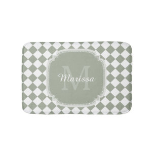 Trendy Sage Green Checked Monogrammed Name Bath Mat