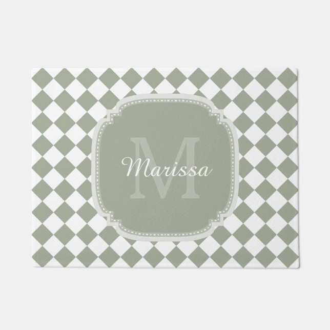 Trendy Sage Green Checked Monogrammed Name Doormat (Front)