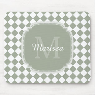 Trendy Sage Green Checked Monogrammed Name Mouse Pad