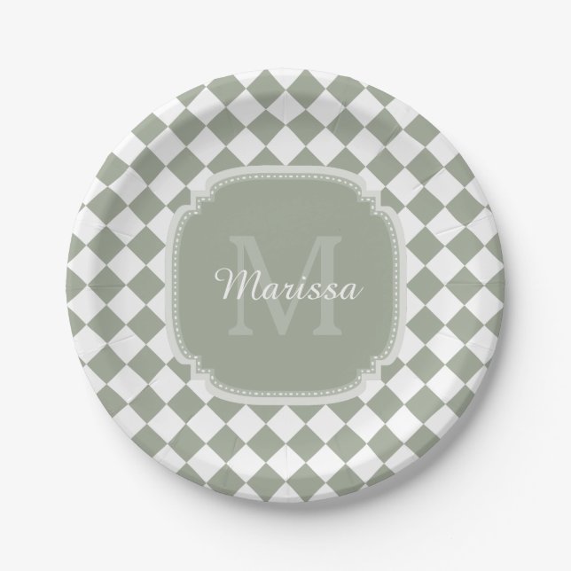 Trendy Sage Green Checked Monogrammed Name Paper Plate (Front)