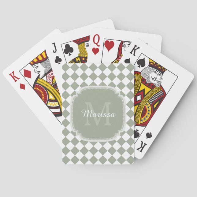 Trendy Sage Green Checked Monogrammed Name Playing Cards (Back)