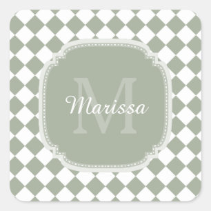 Trendy Sage Green Checked Monogrammed Name Square Sticker