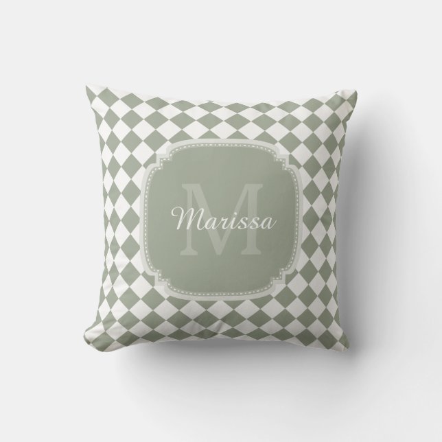 Trendy Sage Green Checked Monogrammed Name Throw Pillow (Front)
