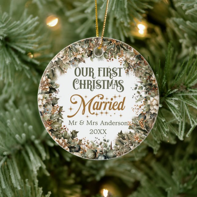 Trendy sage green faux gold Our First Christmas Ceramic Ornament (Tree)