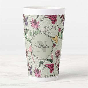 Trendy Sage Green Flowers & Hummingbird Monogram Latte Mug