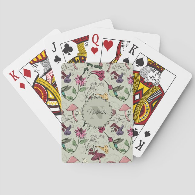 Trendy Sage Green Flowers & Hummingbird Monogram Playing Cards (Back)