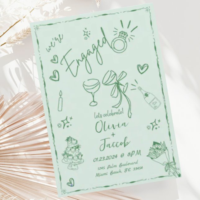 Trendy Sage Green Mint Hand Drawn Engagement Party Invitation (Creator Uploaded)