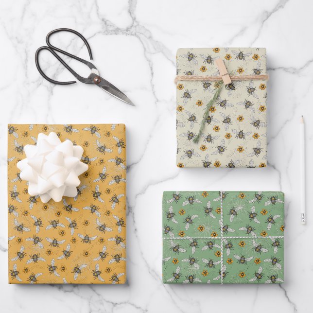 Trendy Sage & Yellow Honeybees for Spring & Summer Wrapping Paper Sheet (Front)