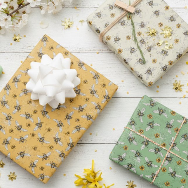 Trendy Sage & Yellow Honeybees for Spring & Summer Wrapping Paper Sheet (Floral Honey Bee and Yellow Flowers Pattern for Nature Lovers for Spring & Summer Birthdays for Her)
