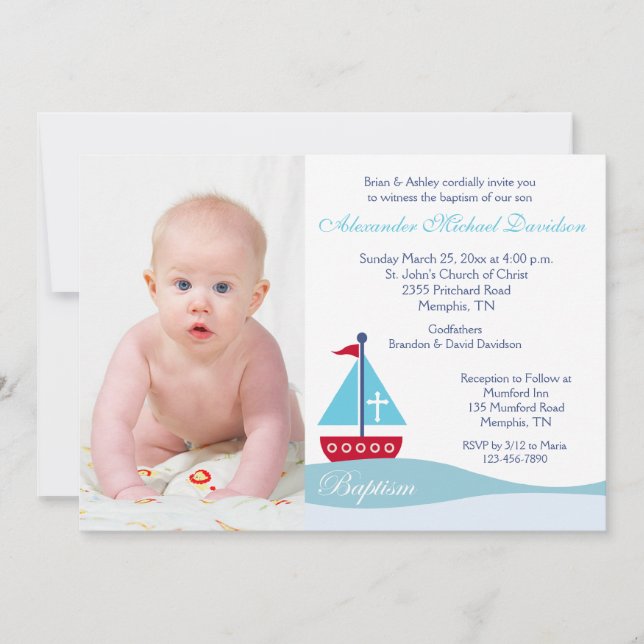 Trendy Sailboat Baptism Photo Invitation (Front)