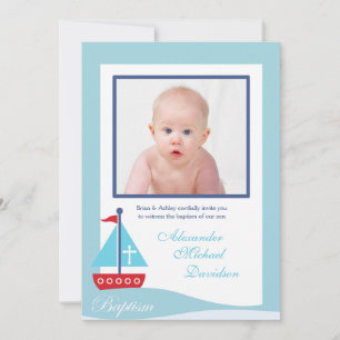 Trendy Sailboat Baptism Photo Invitation 2-sided