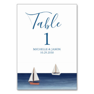 Trendy Sailboat Nautical Watercolor Wedding  Table Number