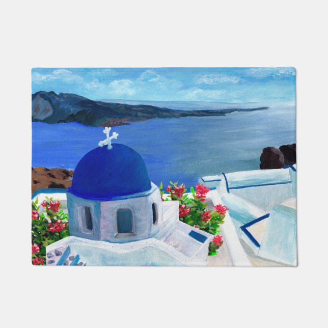 Trendy Santorini Greece Illustration Doormat (Front)
