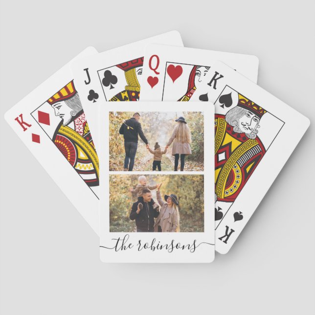 Trendy Script 2 Photo Collage Personalized Playing Cards (Back)