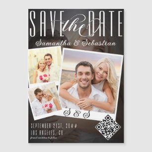 Trendy Script 3 Photo Modern QR Code Save The Date Magnetic Invitation