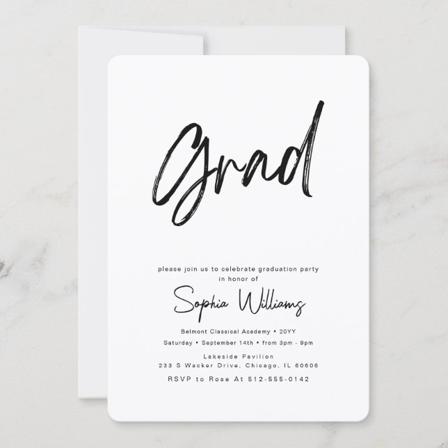 Trendy Script Black and White Grad Party Invitation (Front)