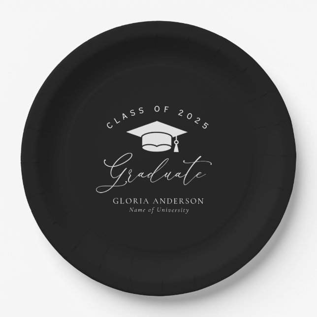 trendy script black graduation paper plate (Front)