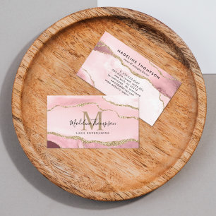 Trendy Script Blush Pink Agate Geode Gold Monogram Business Card