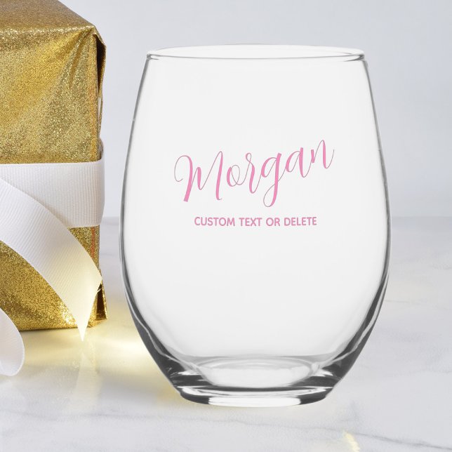Trendy Script Calligraphy Personalized Custom Pink Stemless Wine Glass (Creator Uploaded)