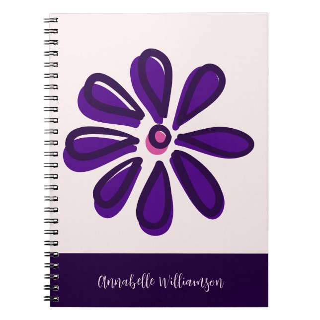 Trendy Script Font Your Name Purple Flower Doodle Notebook (Front)