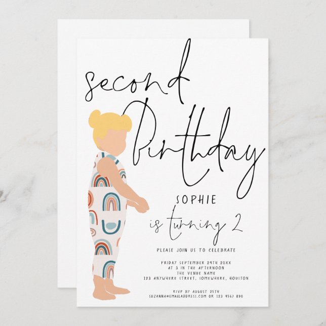 Trendy Script Girl Blonde Rainbows 2nd birthday In Invitation (Front/Back)