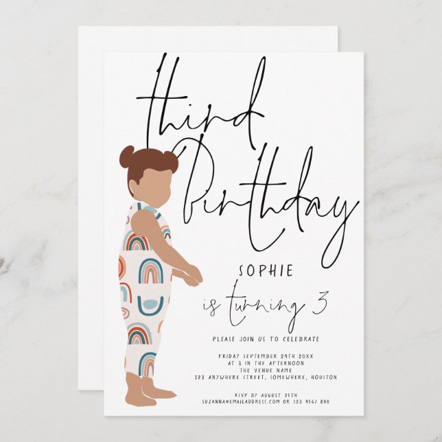 Trendy Script Girl Rainbows Cool Kids 3rd birthday Invitation (Front/Back)