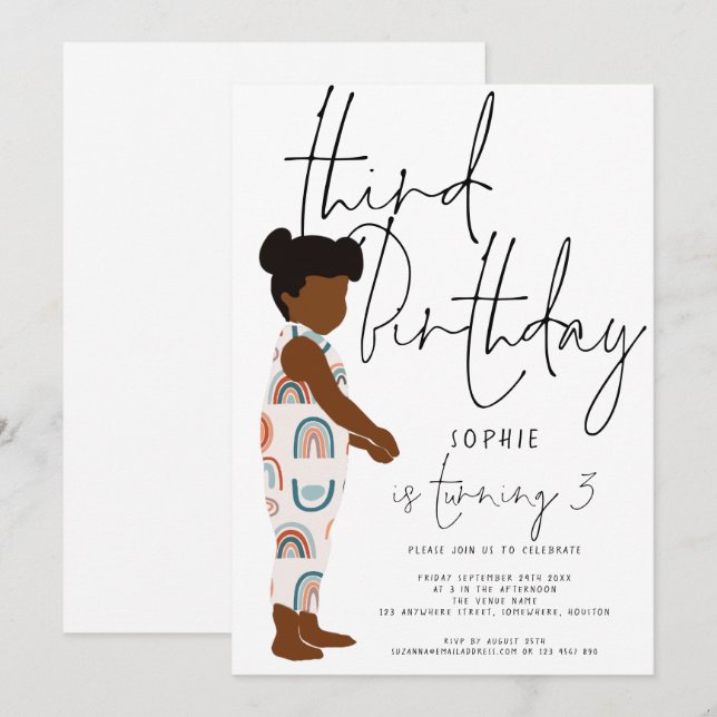 Trendy Script Girl Rainbows Dark Hair 3rd birthday Invitation (Front/Back)