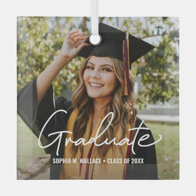 Trendy Script Graduate Personalized Photo Glass Ornament (Front)