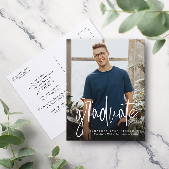Trendy script graduate photo graduation invitation postcard (Creator Uploaded)