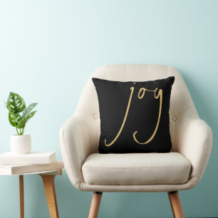 Trendy Script Joy Christmas Gold Black Throw Pillow