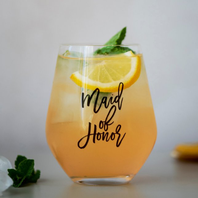 Trendy Script "Maid of Honour" Personalized Stemless Wine Glass (Creator Uploaded)