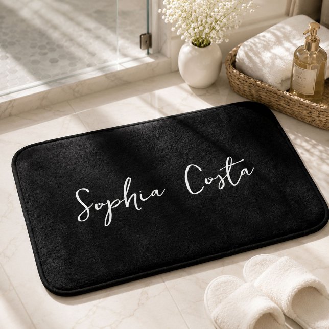 Trendy Script Modern Custom Signature Name Black Bath Mat (Creator Uploaded)