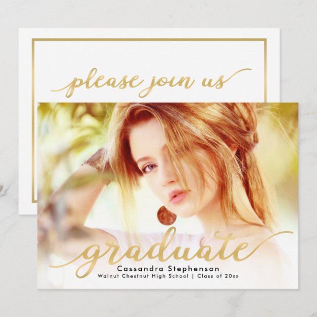 Trendy Script Modern Gold Photo Graduation Invitation (Front/Back)