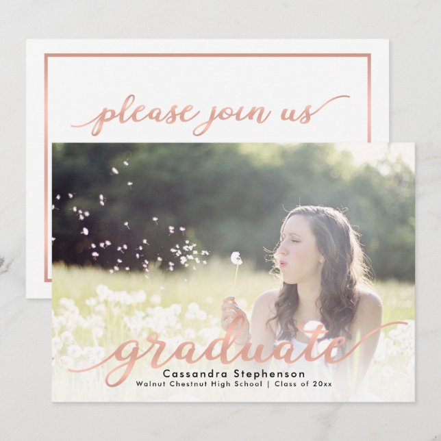 Trendy Script Modern Rose Gold Photo Graduation Invitation (Front/Back)