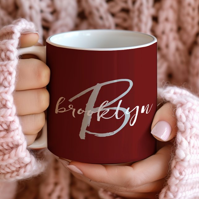 Trendy Script Monogram Burgundy Grey White Coffee Mug (Creator Uploaded)