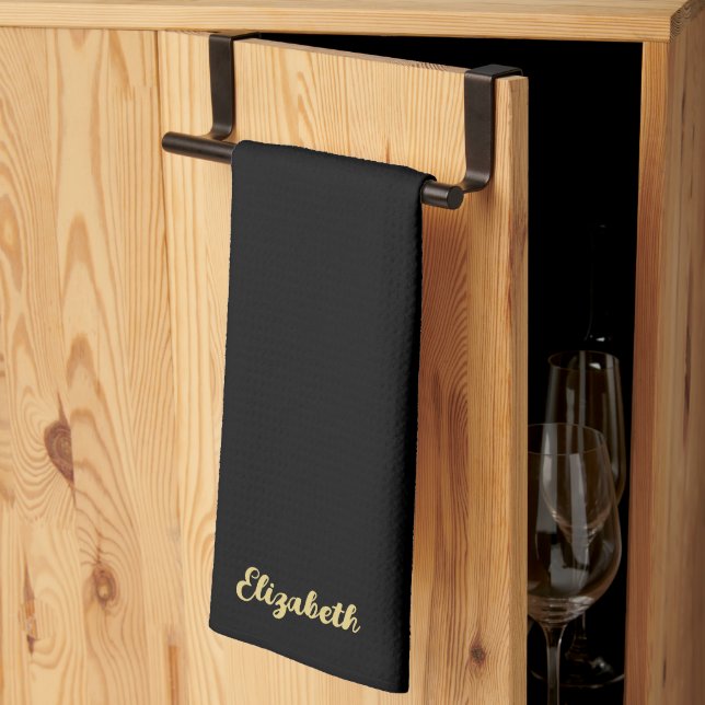 Trendy Script Name Elegant Black And Gold Template Kitchen Towel (Thirds Fold)