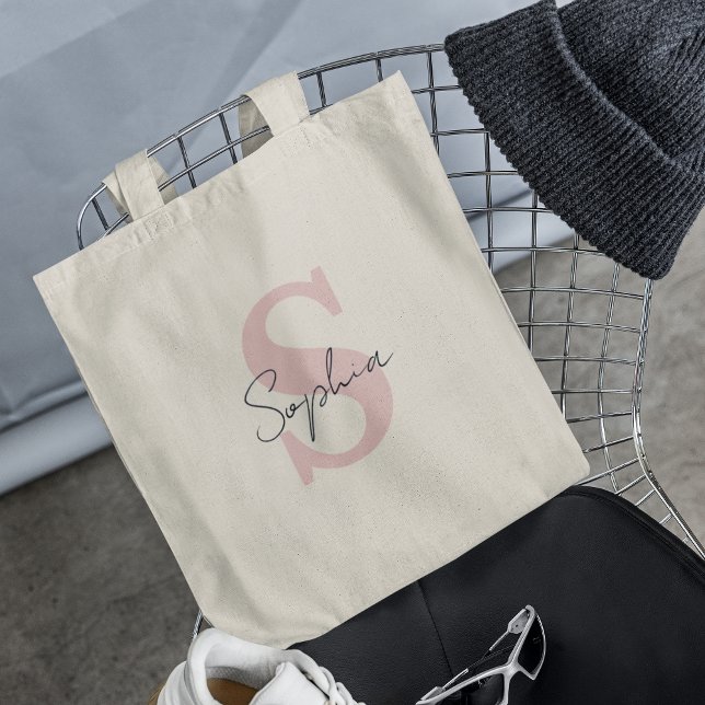 Trendy Script Name With Pink Initial Monogram Tote Bag (Creator Uploaded)