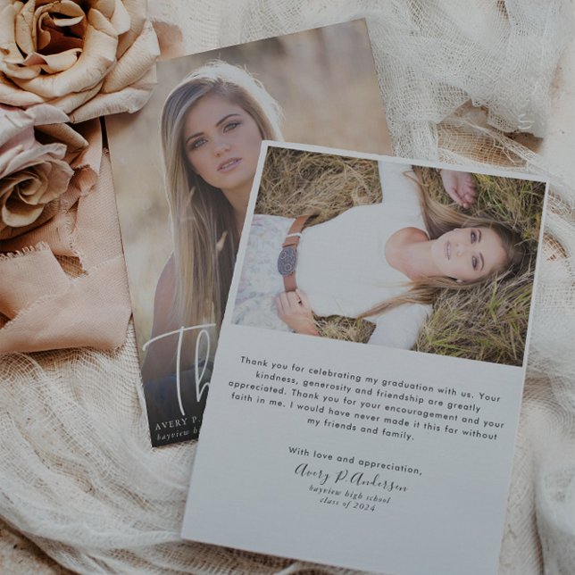 Trendy Script Overlay Photo Graduation Thank You  Card (Creator Uploaded)